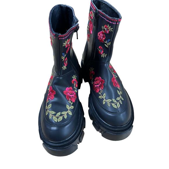 Farm Rio Black Boho Mid Boot Side Zip Rose Stitched Women's Sz 6 New Without Box - Picture 4 of 6